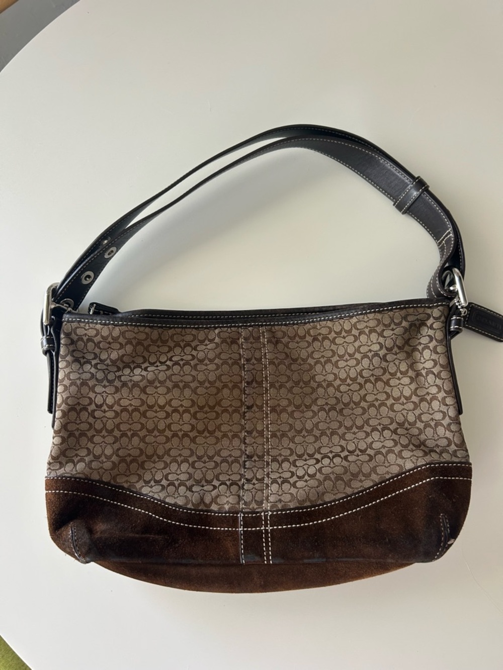 Coach Brown Signature Canvas Shoulder Bag with Dark Suede Trim